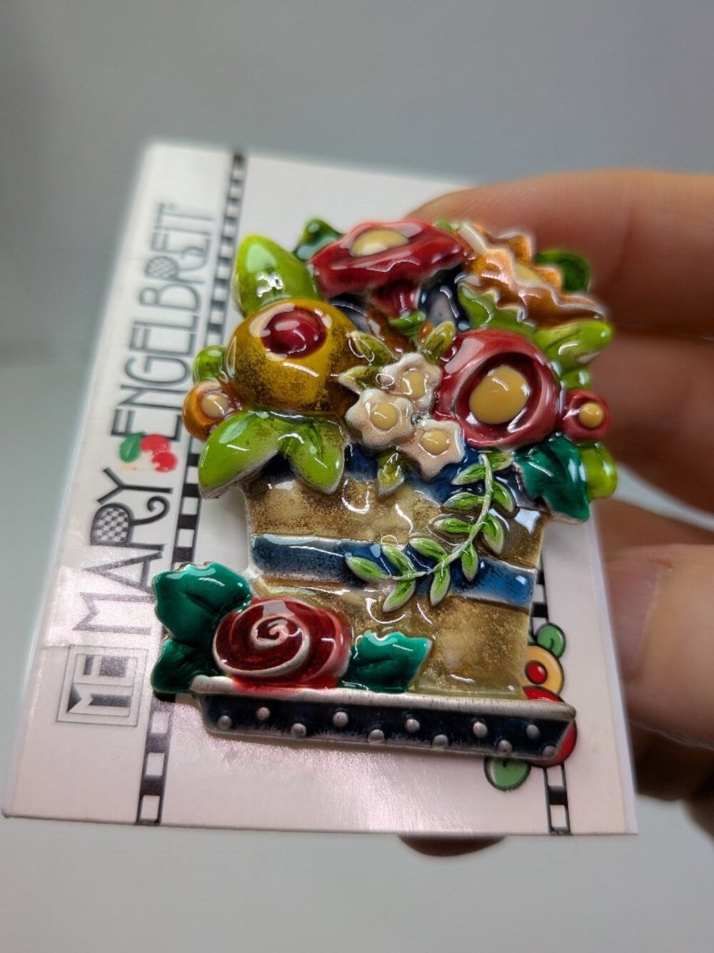 NWT Mary Engelbreit Enamel Floral Basket Lapel Pin Brooch Vintage Fall Colors